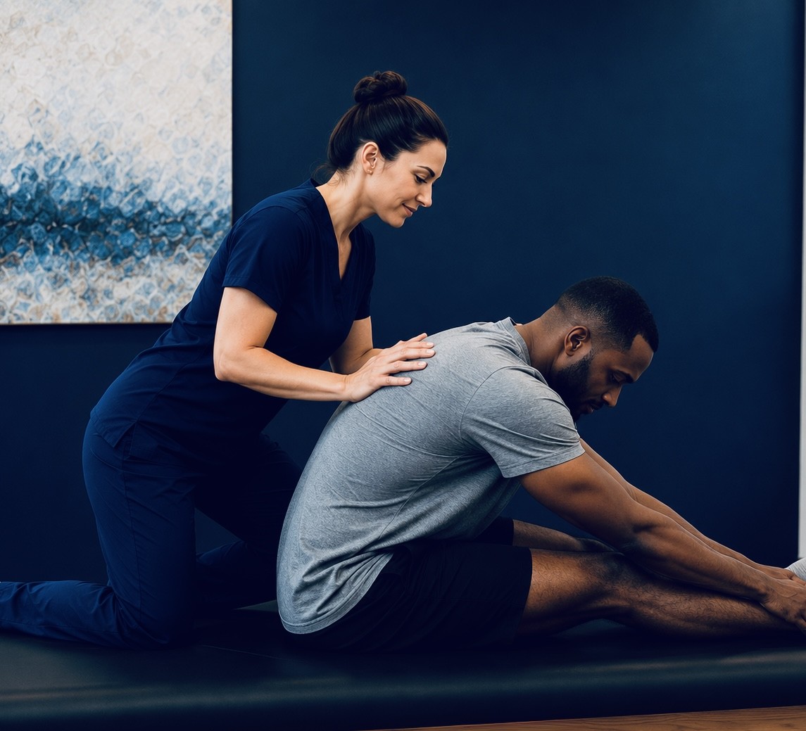 A TRUForm provider guiding a patient through a seated back mobilization at Texas Functional Health Centers in Dallas, TX